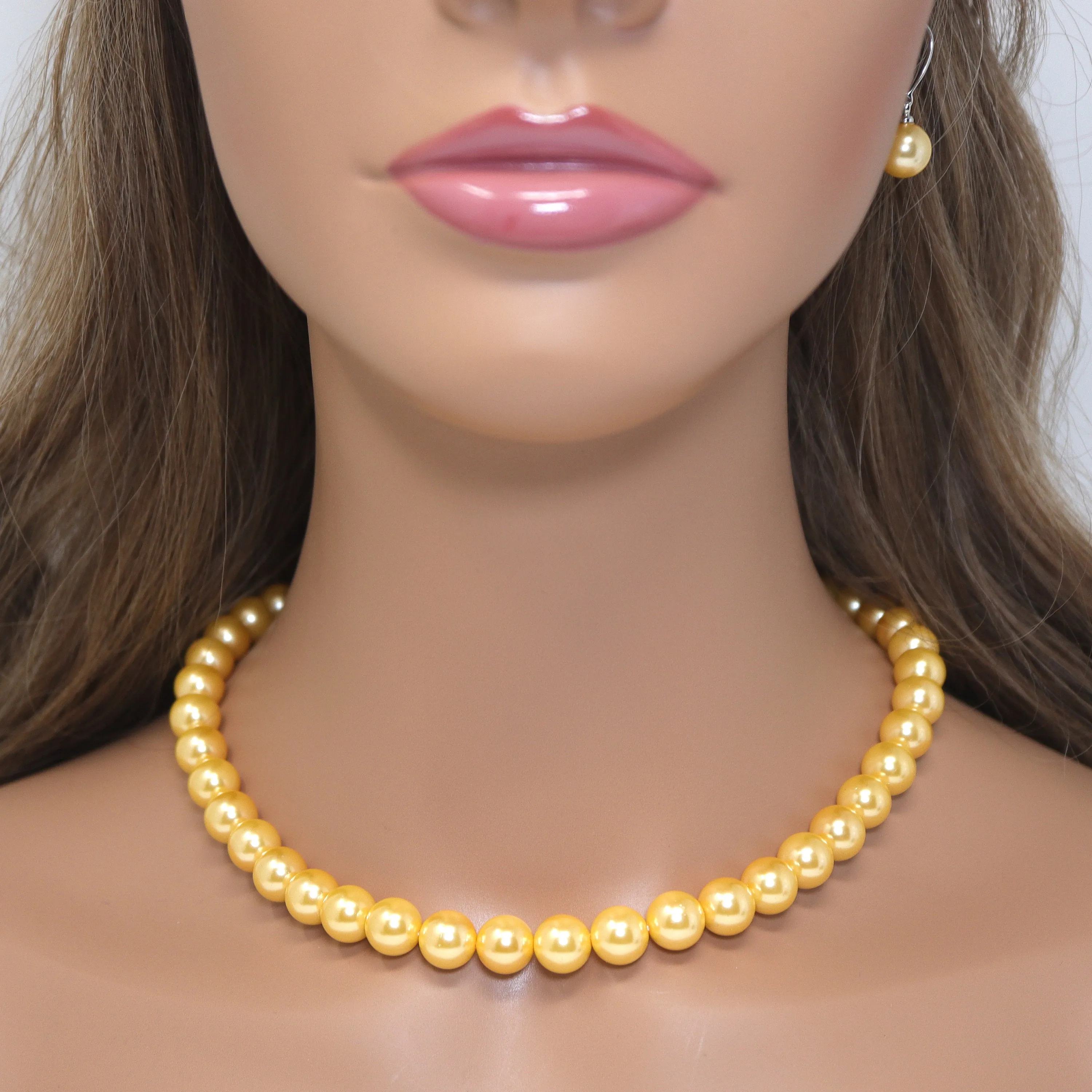 10mm Yellow Faux Pearl Necklace Earring And Bracelet Set, Bridal Jewelry, Bridal Earrings And Necklace, Statement Earrings Necklace Set.