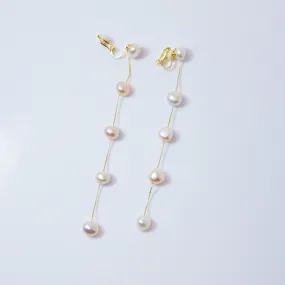 14k Gold 5 Freshwater Cultured pearl Bezel Earrings, Long Bridal Jewelry, Sterling Silver Pearl Bridal Earrings, Statement Earrings.