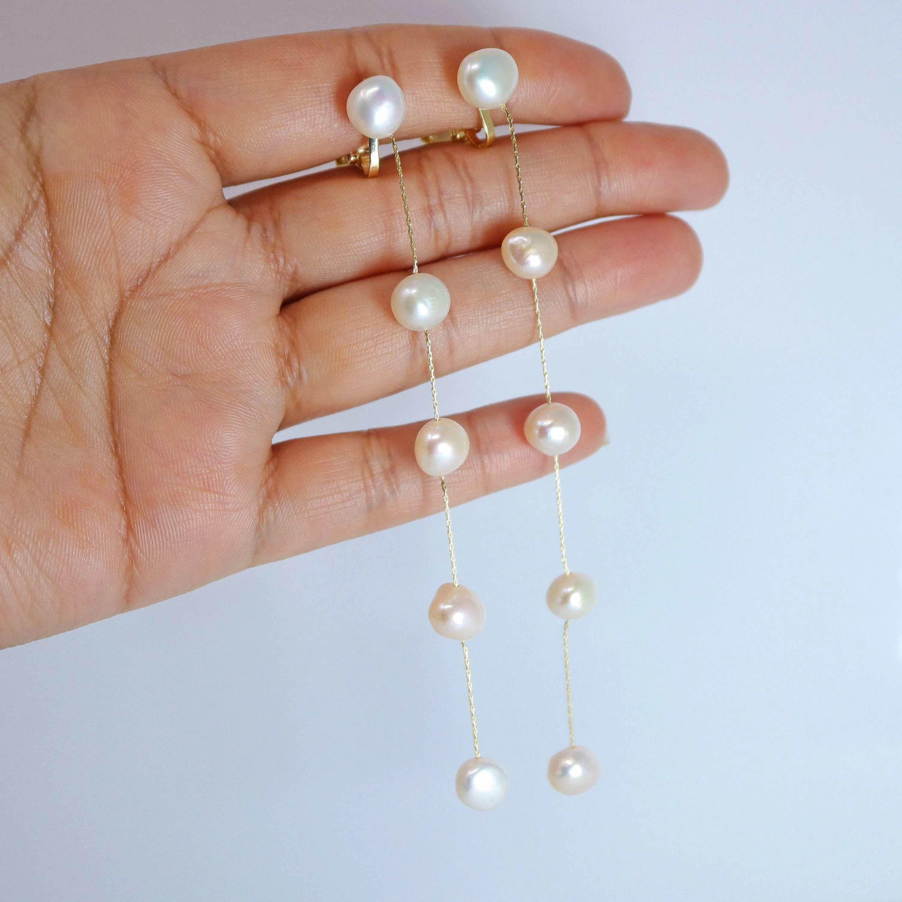 14k Gold 5 Freshwater Cultured pearl Bezel Earrings, Long Bridal Jewelry, Sterling Silver Pearl Bridal Earrings, Statement Earrings.