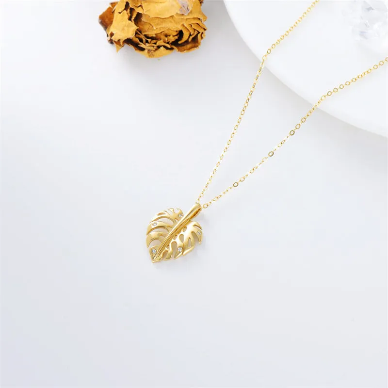 14k Heart Pendant Necklace for Women Real Gold Monstera Pendant Gift for Mother Day Valentine Christmas