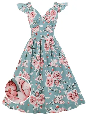 1950s Floral Flare Sleeve Swing Dress