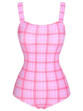 1950s Plaid Elastic Gathers One-Piece Swimsuit