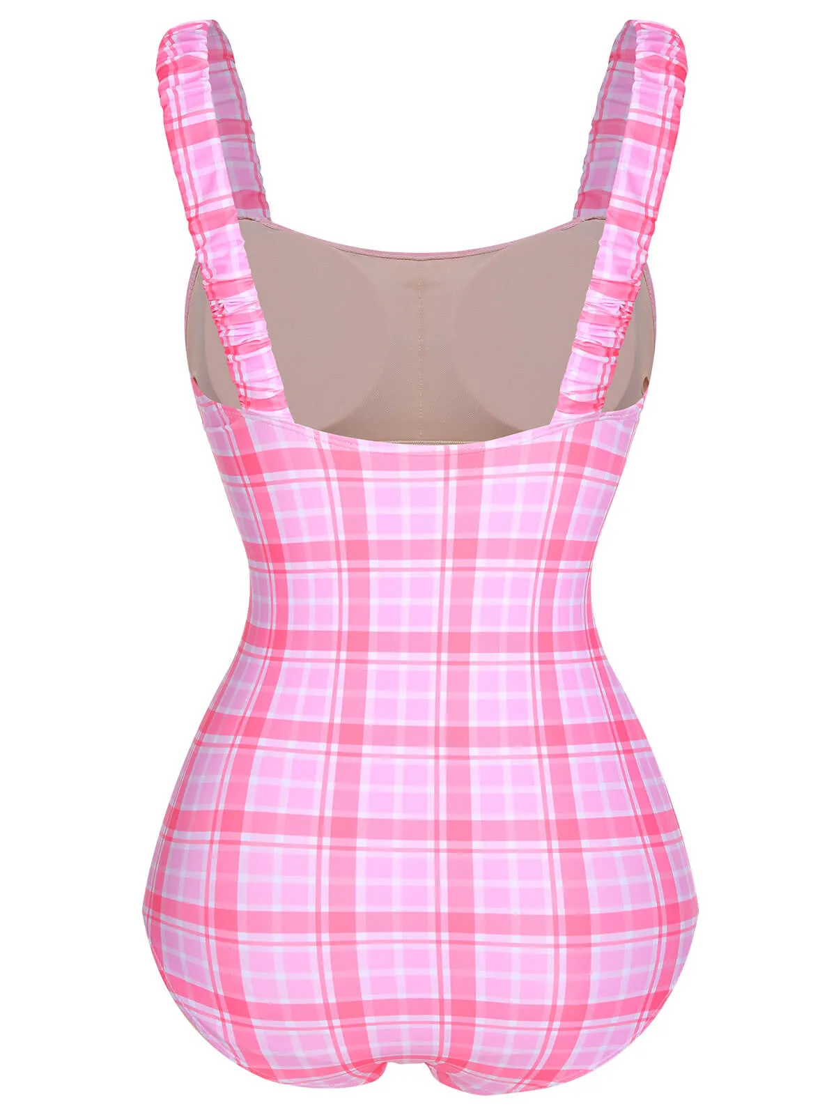 1950s Plaid Elastic Gathers One-Piece Swimsuit