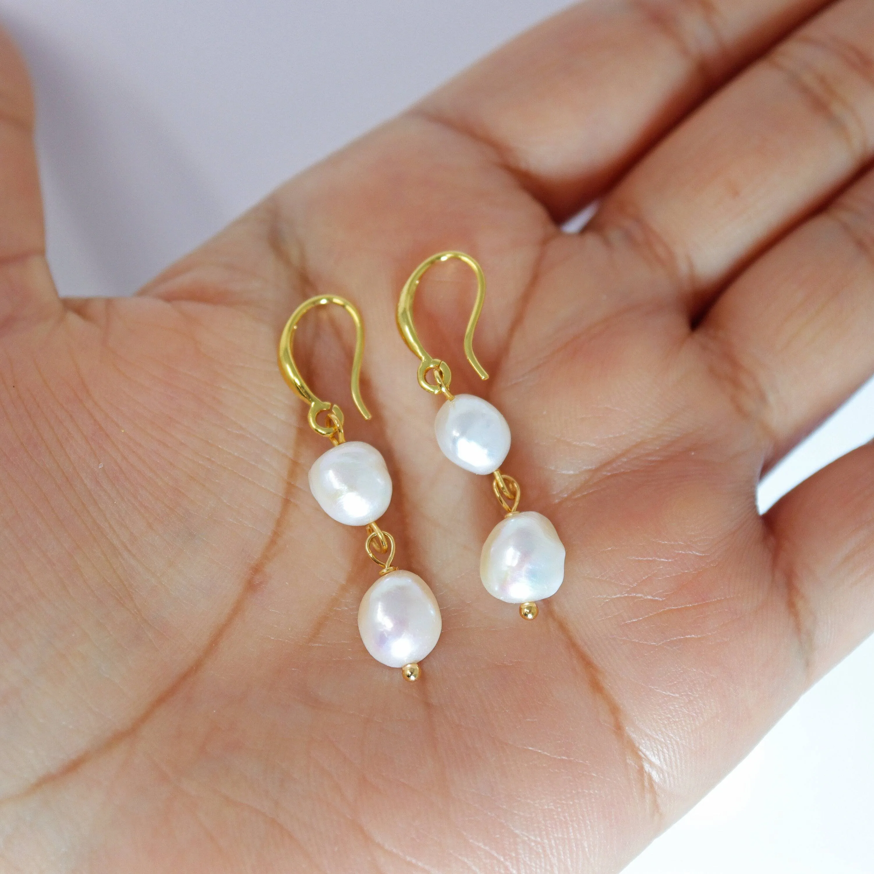 2 Freshwater Cultured pearl Bezel Hook Earrings, Long Bridal Jewelry, Gold Pearl Bridal Earrings, Statement Earrings.