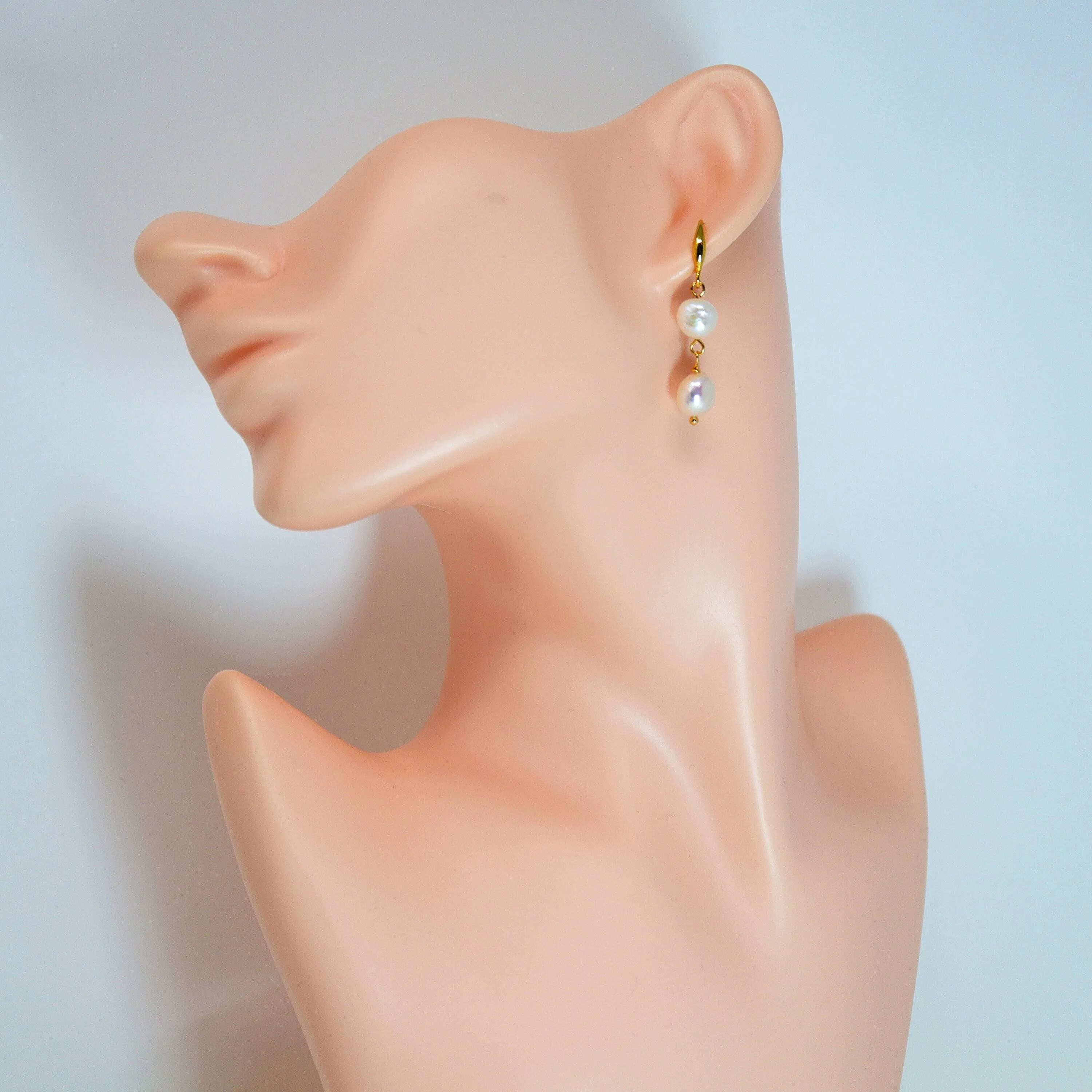 2 Freshwater Cultured pearl Bezel Hook Earrings, Long Bridal Jewelry, Gold Pearl Bridal Earrings, Statement Earrings.