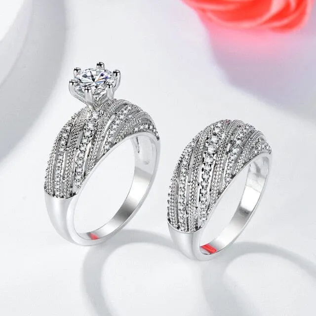 2pcs Natural Elegant Diamond Ring - 925 Sterling Silver