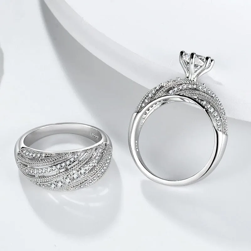 2pcs Natural Elegant Diamond Ring - 925 Sterling Silver