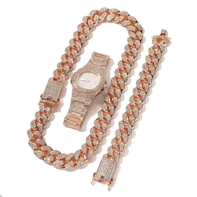 3/2Pc Chain Watch Bracelet Iced Out Paved Rhinestones CZ Bling Set for Men