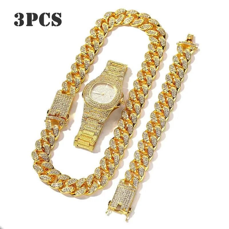 3/2Pc Chain Watch Bracelet Iced Out Paved Rhinestones CZ Bling Set for Men