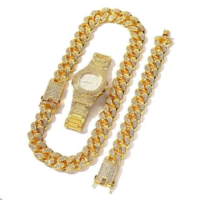 3/2Pc Chain Watch Bracelet Iced Out Paved Rhinestones CZ Bling Set for Men