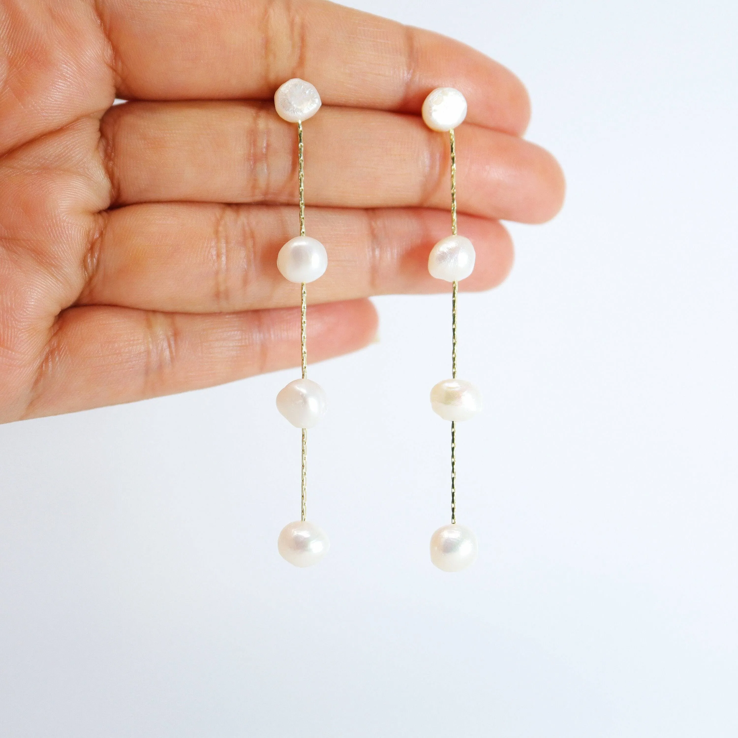 4 Freshwater Cultured pearl Bezel Earrings, 14k gold plated Long Bridal Jewelry, Sterling Silver Pearl Bridal Earrings, Statement Earrings.