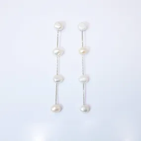 4 Freshwater Cultured pearl Bezel Earrings, 14k gold plated Long Bridal Jewelry, Sterling Silver Pearl Bridal Earrings, Statement Earrings.