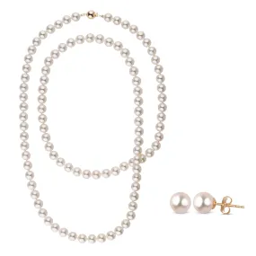 8.0-8.5 mm 35 Inch AAA Blush White Silver Tone Akoya Pearl Necklace & Stud Earring Set