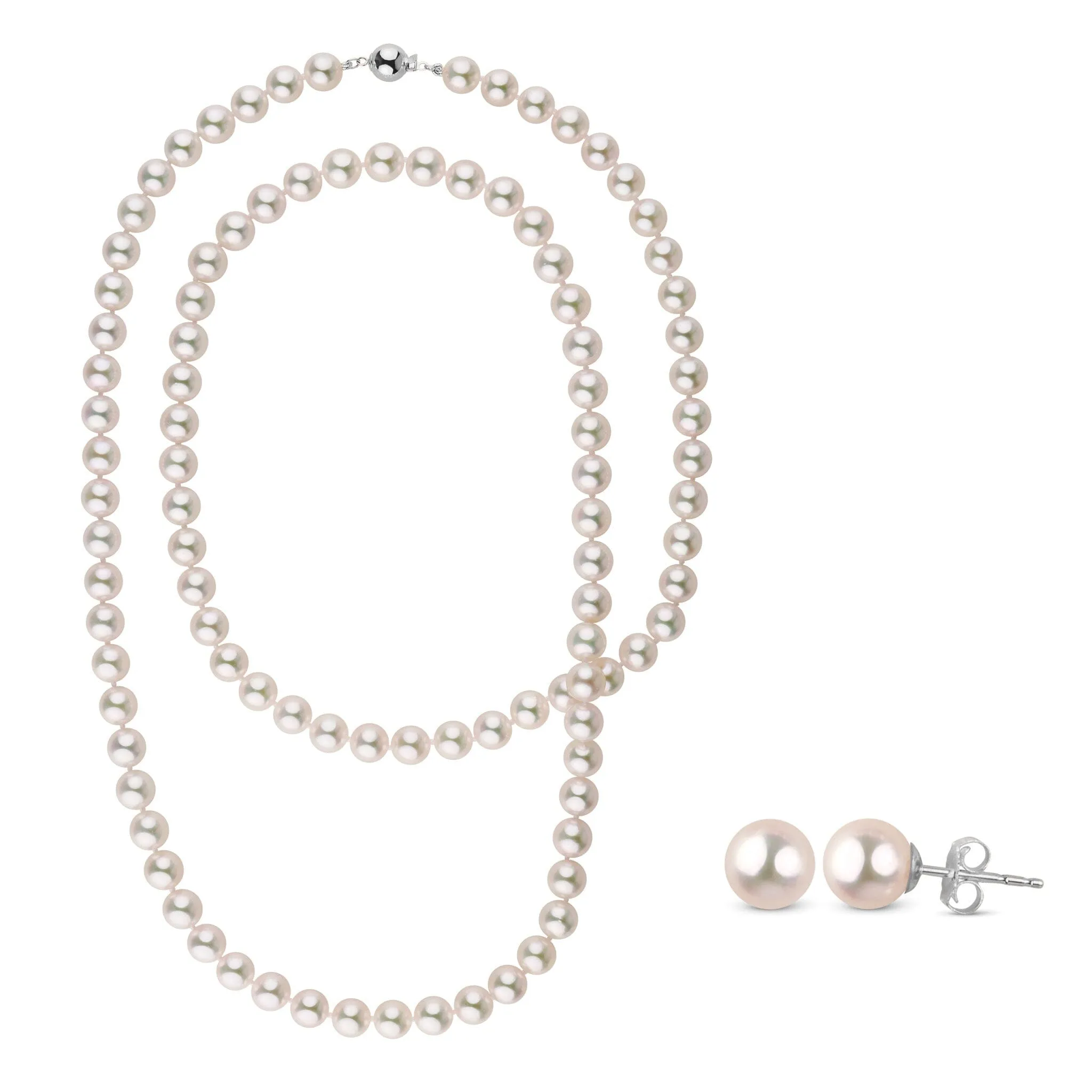 8.0-8.5 mm 35 Inch AAA Blush White Silver Tone Akoya Pearl Necklace & Stud Earring Set