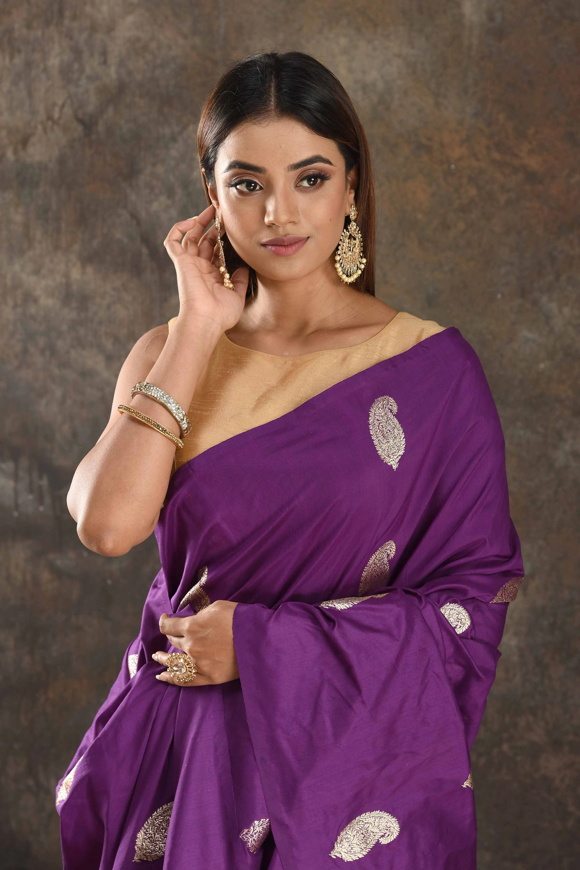 90N355-RO Purple Silk Saree with Silver Zari Paisley Buta