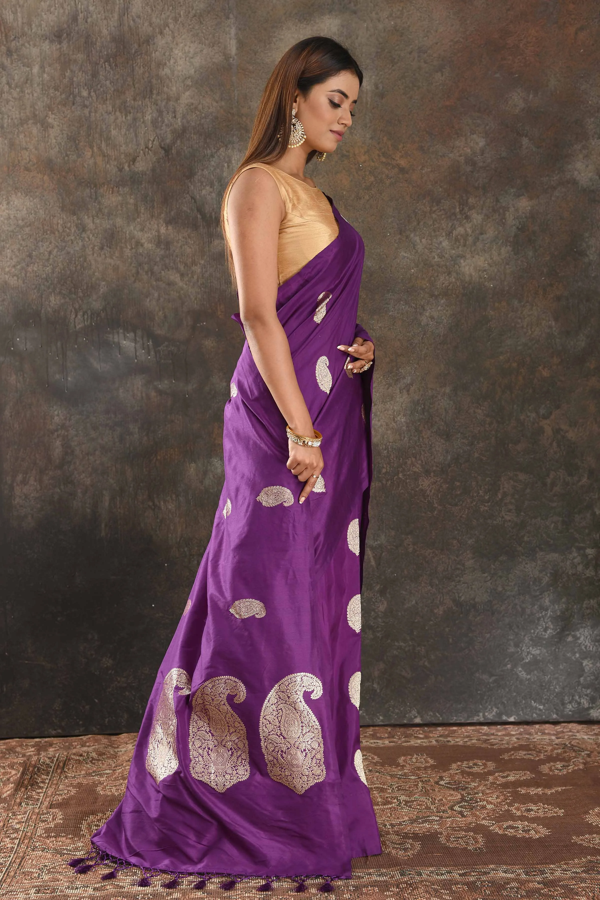 90N355-RO Purple Silk Saree with Silver Zari Paisley Buta