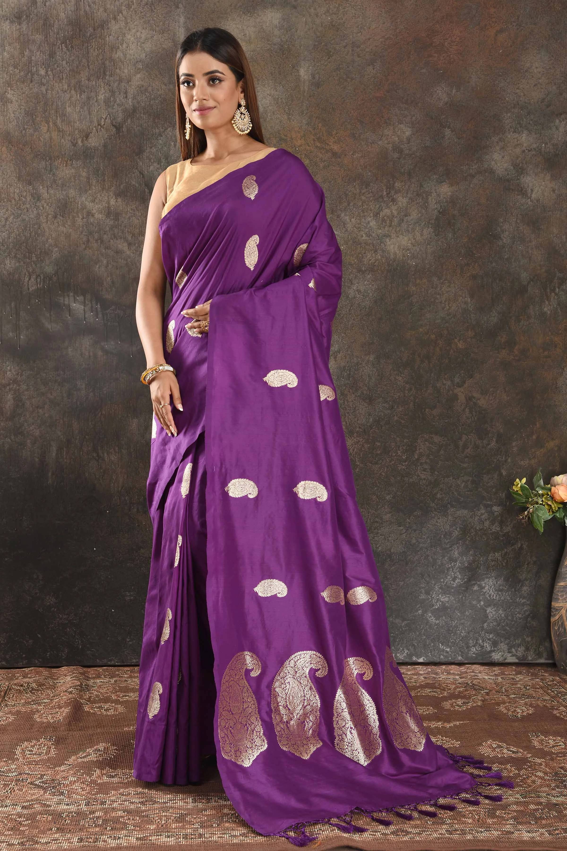 90N355-RO Purple Silk Saree with Silver Zari Paisley Buta