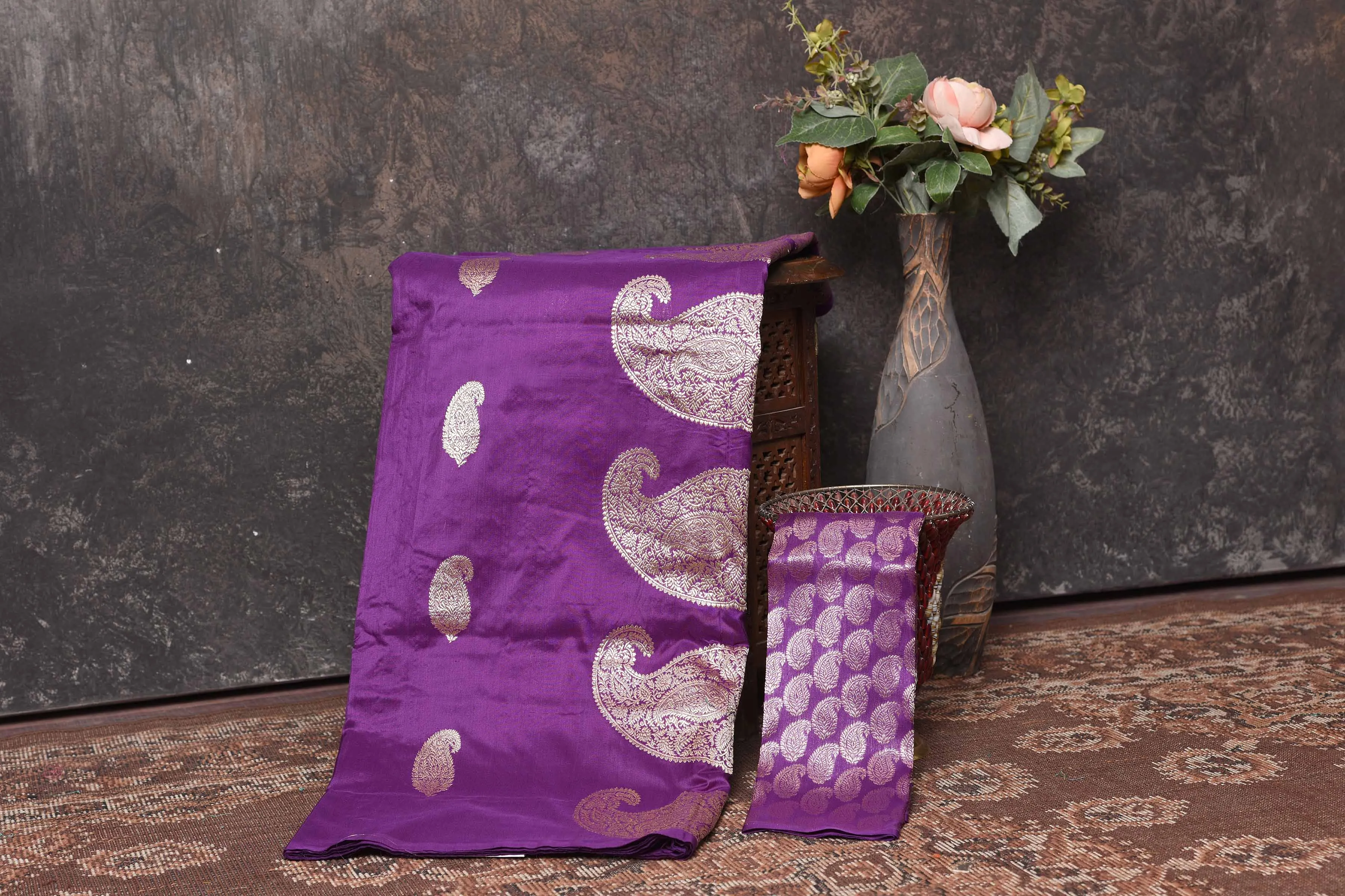 90N355-RO Purple Silk Saree with Silver Zari Paisley Buta