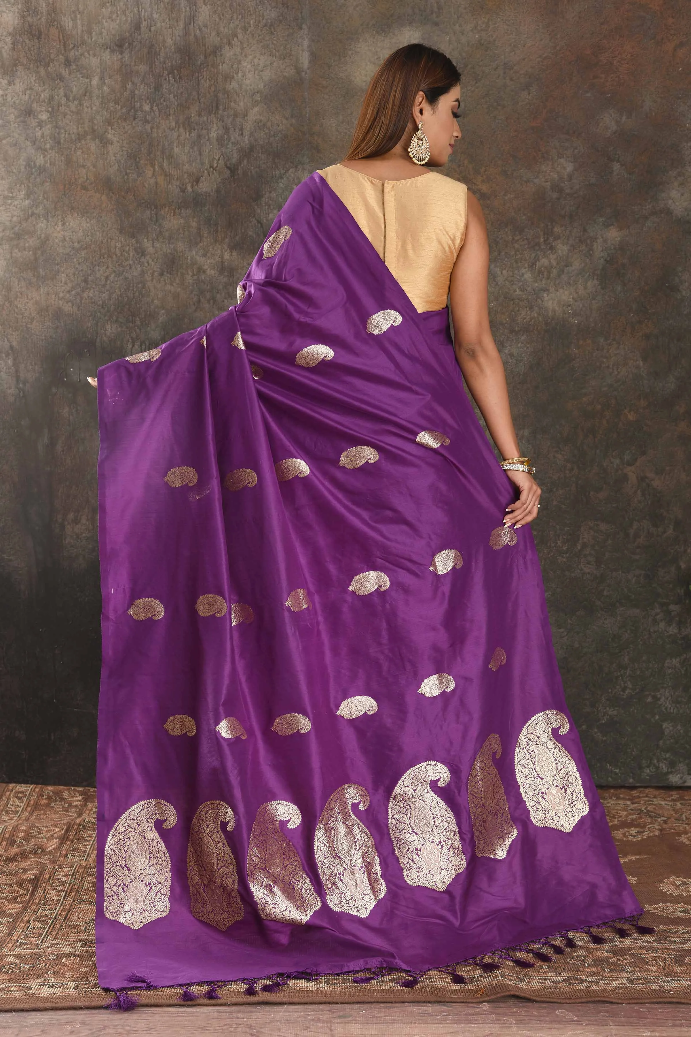 90N355-RO Purple Silk Saree with Silver Zari Paisley Buta