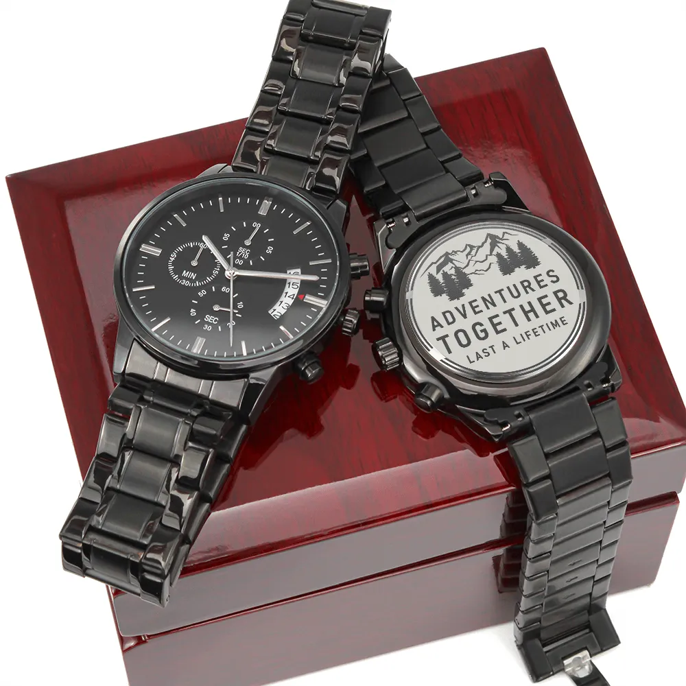 Adventures Together Last a Lifetime Outdoorsman Engraved Design Black Chronograph Watch