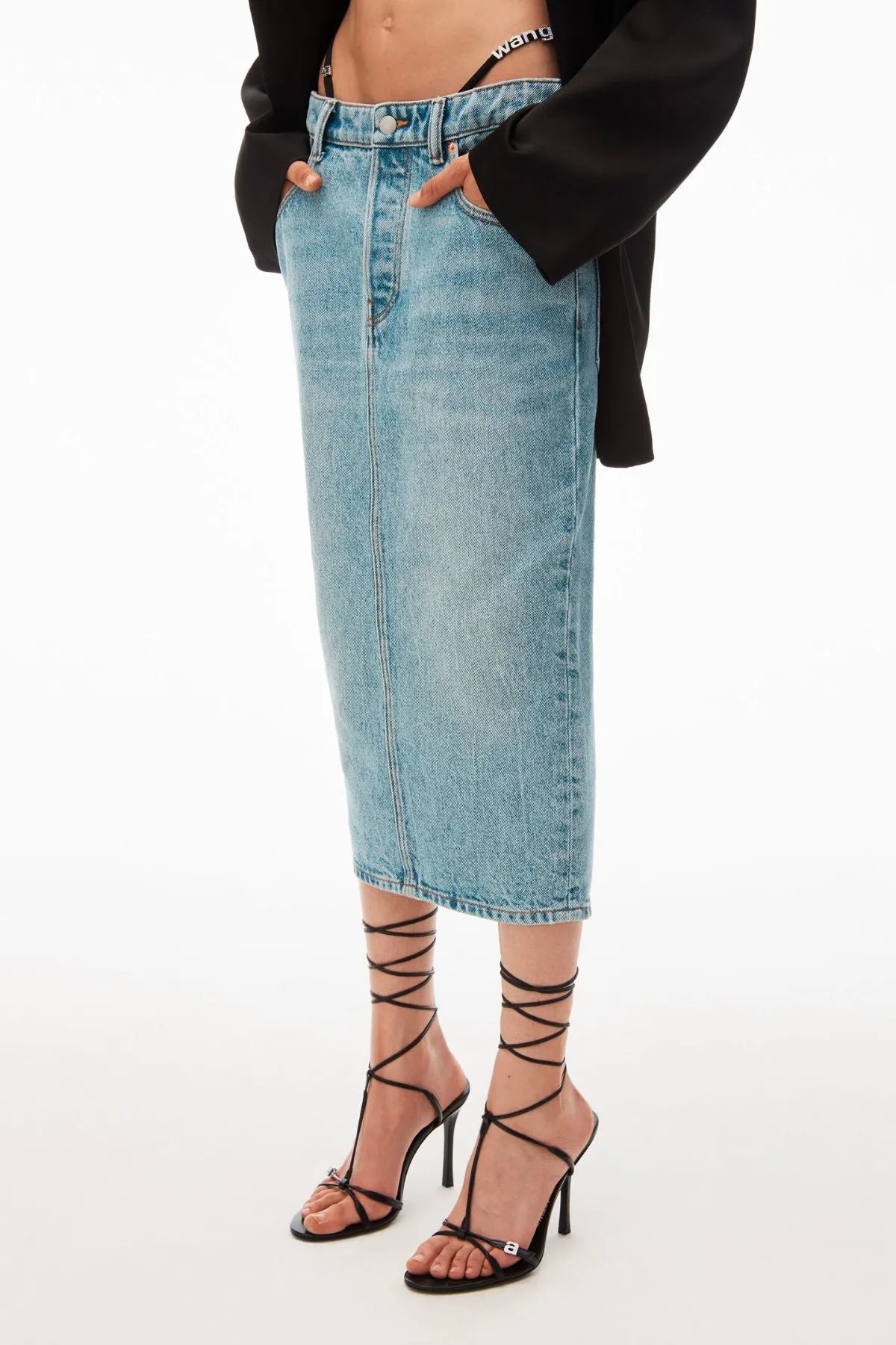 Alexander Wang Diamante Bikini Strap Denim Midi Skirt - Vintage Faded Indigo