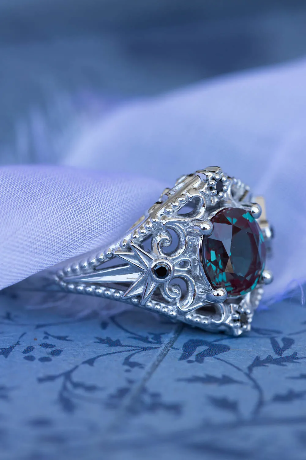 Alexandrite and black diamonds anniversary ring, white gold stars engagement ring / Galaxia