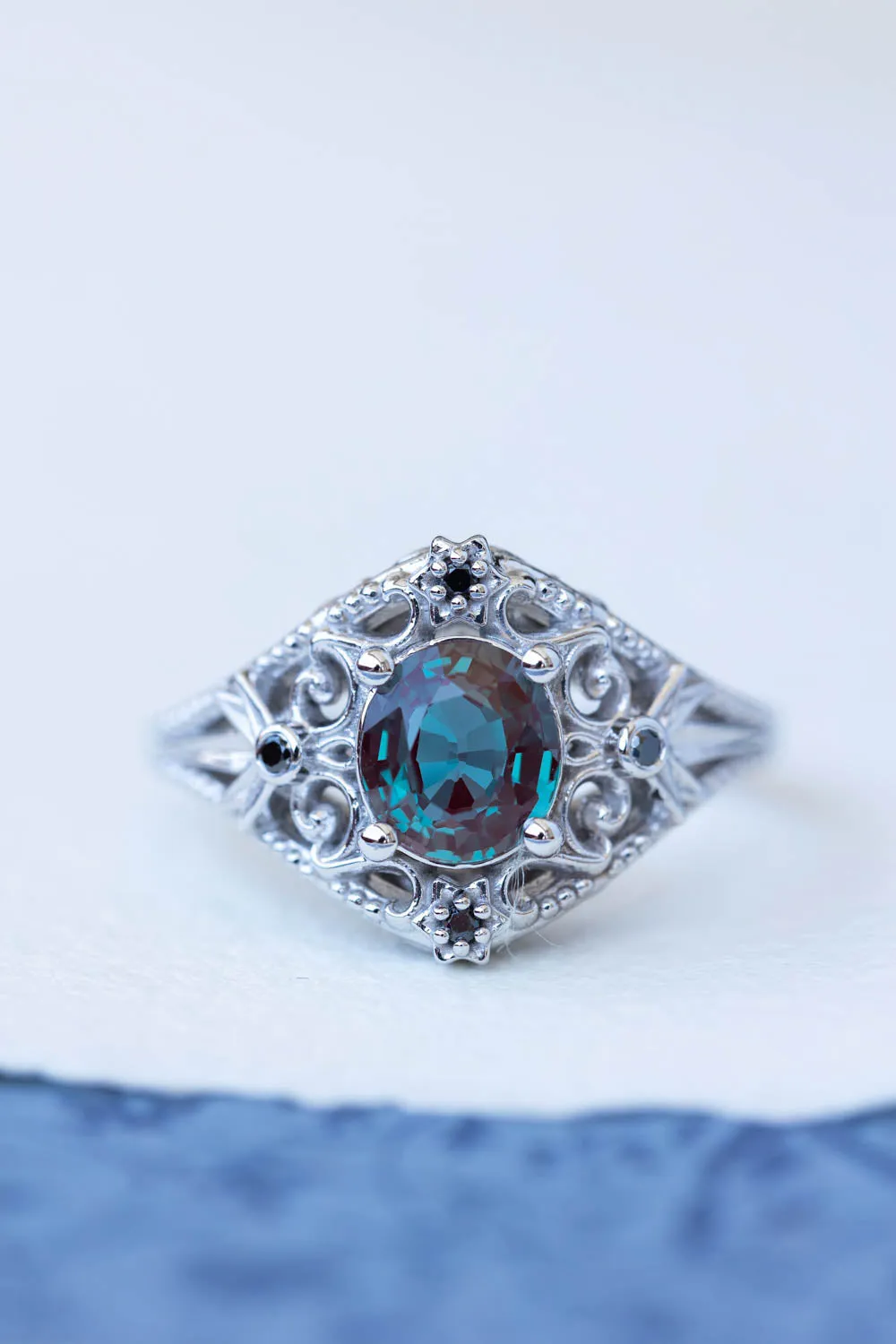 Alexandrite and black diamonds anniversary ring, white gold stars engagement ring / Galaxia