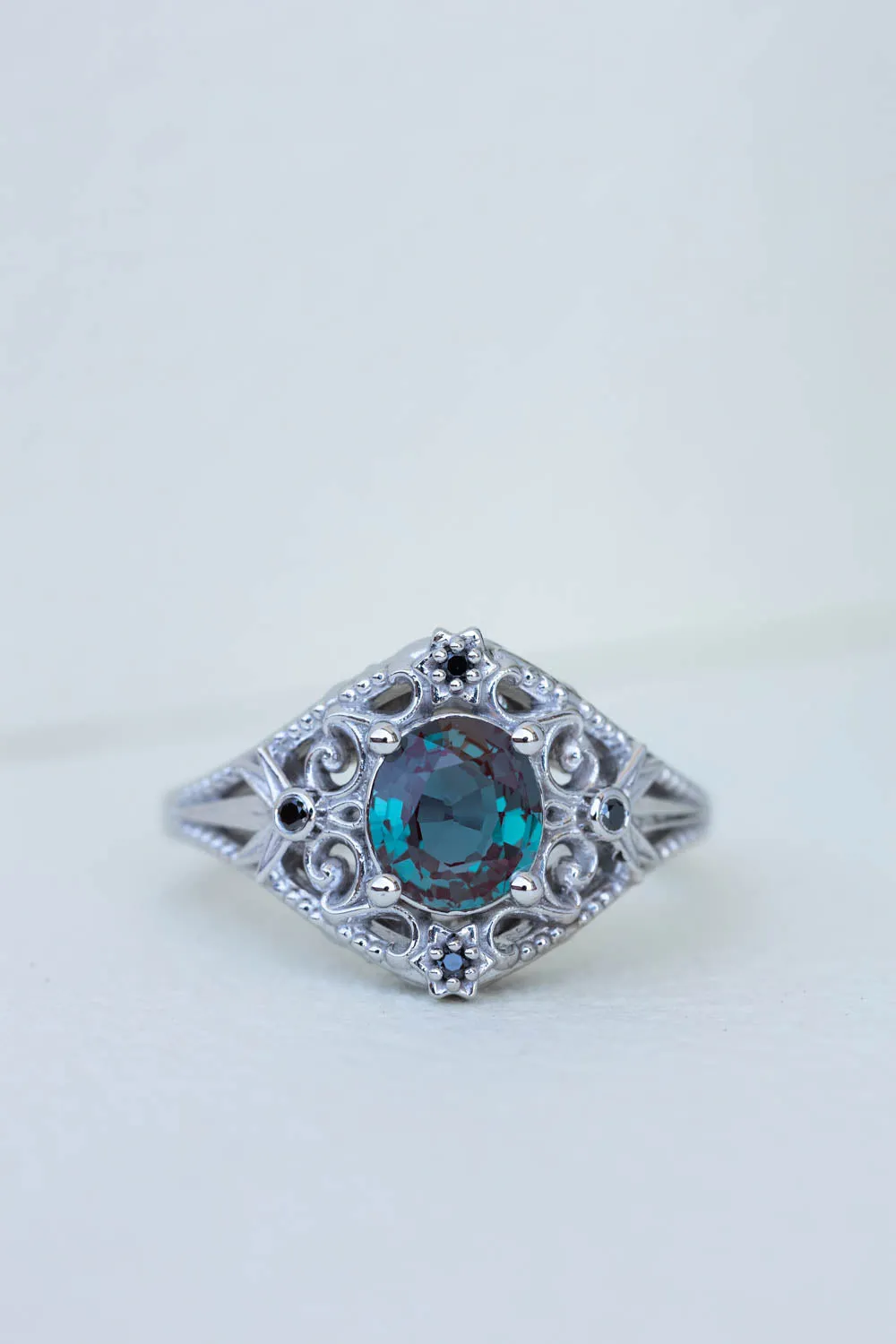 Alexandrite and black diamonds anniversary ring, white gold stars engagement ring / Galaxia