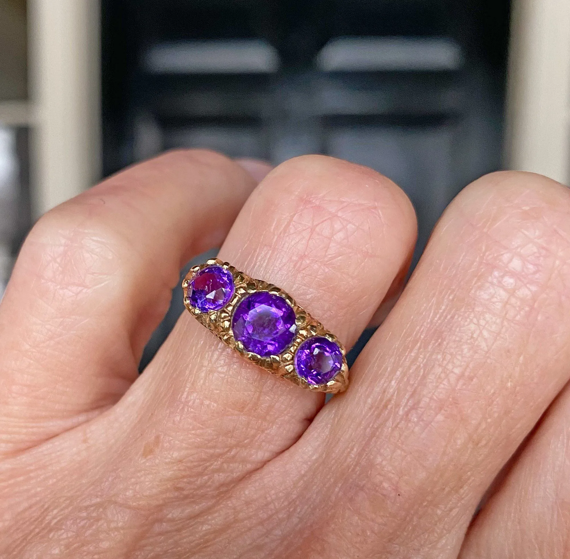 Amethyst Three Row Gold Half Hoop Eternity Ring