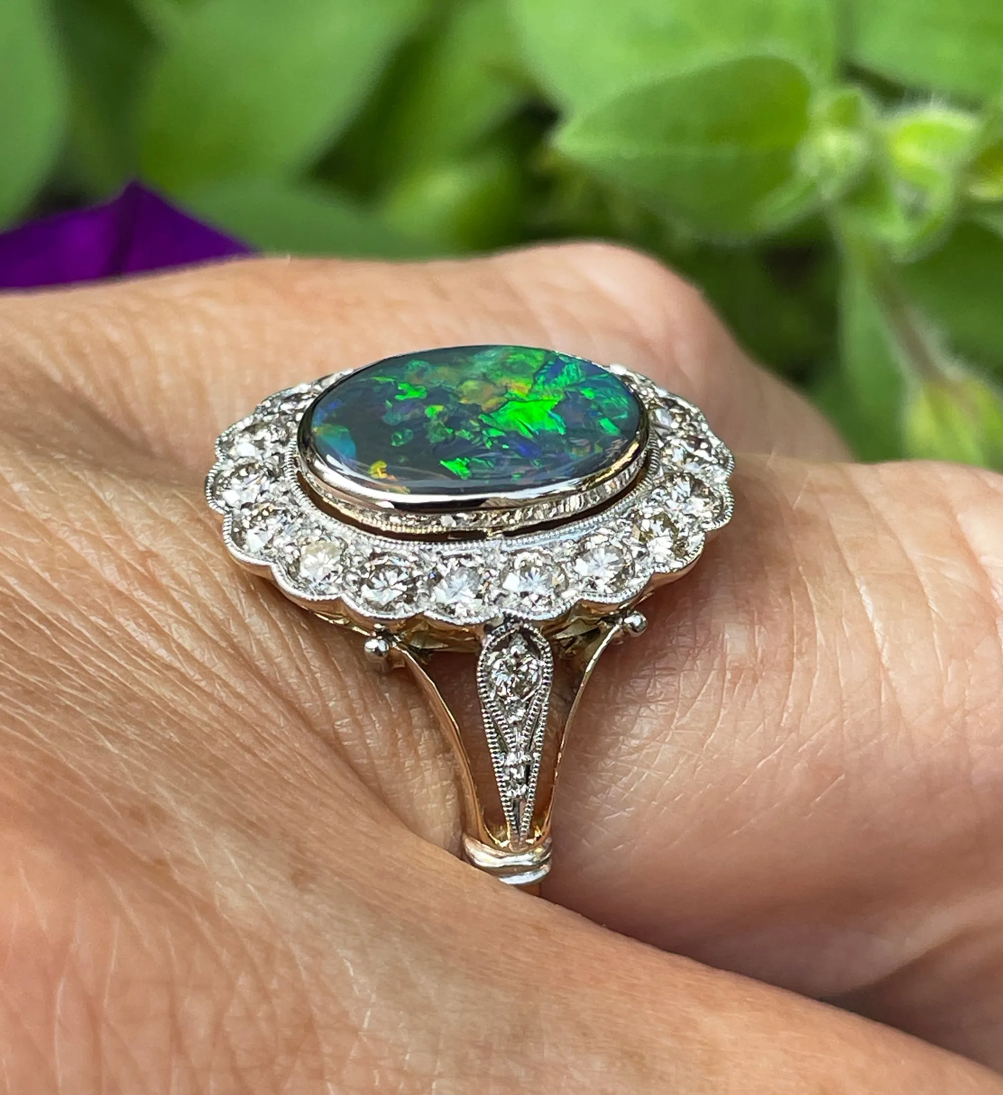 An exquisite 2.25ct Authentic Antique Art Deco Black Opal and Diamond Cluster Cocktail 18K Gold Ring