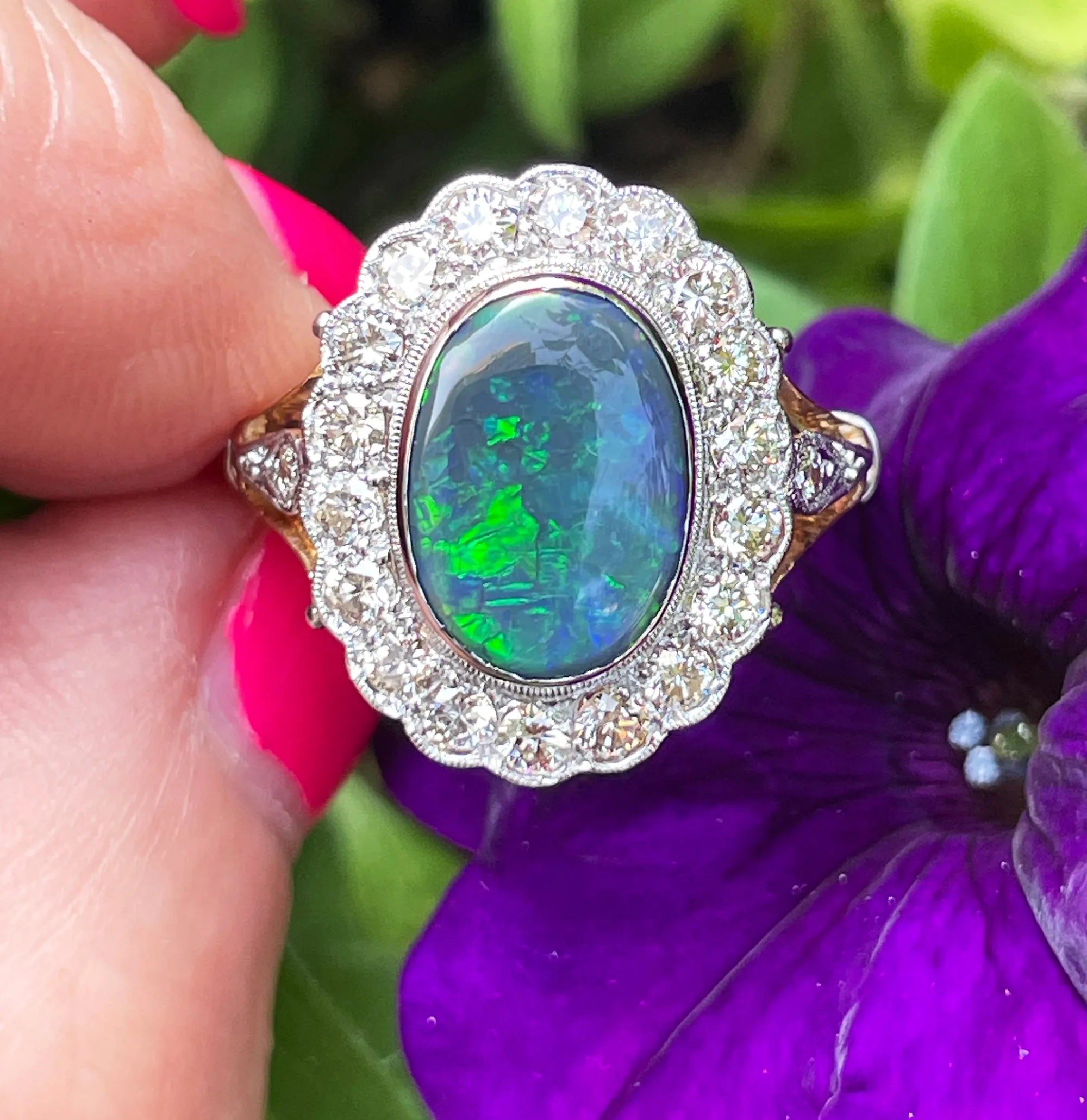 An exquisite 2.25ct Authentic Antique Art Deco Black Opal and Diamond Cluster Cocktail 18K Gold Ring