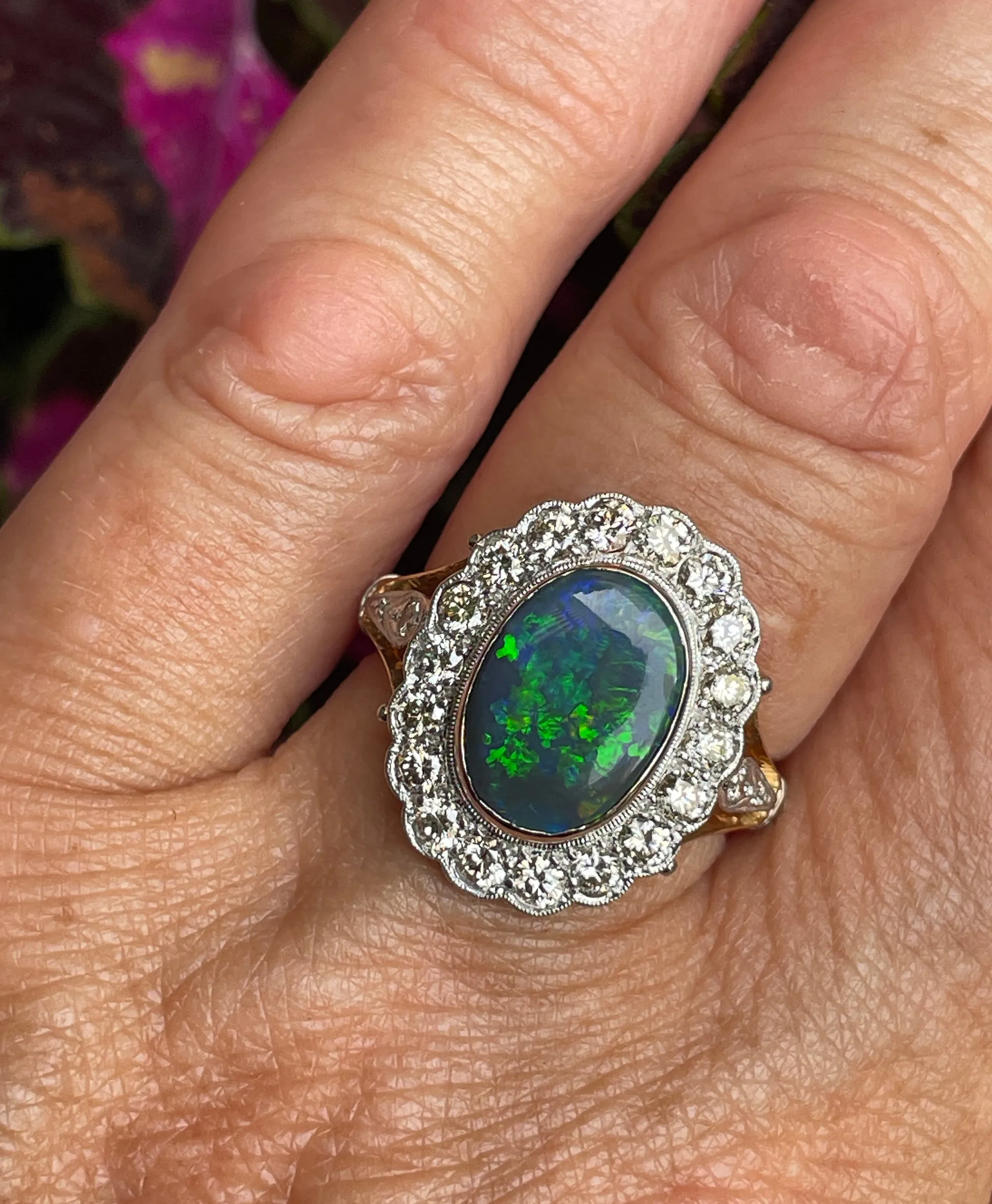 An exquisite 2.25ct Authentic Antique Art Deco Black Opal and Diamond Cluster Cocktail 18K Gold Ring