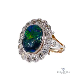 An exquisite 2.25ct Authentic Antique Art Deco Black Opal and Diamond Cluster Cocktail 18K Gold Ring