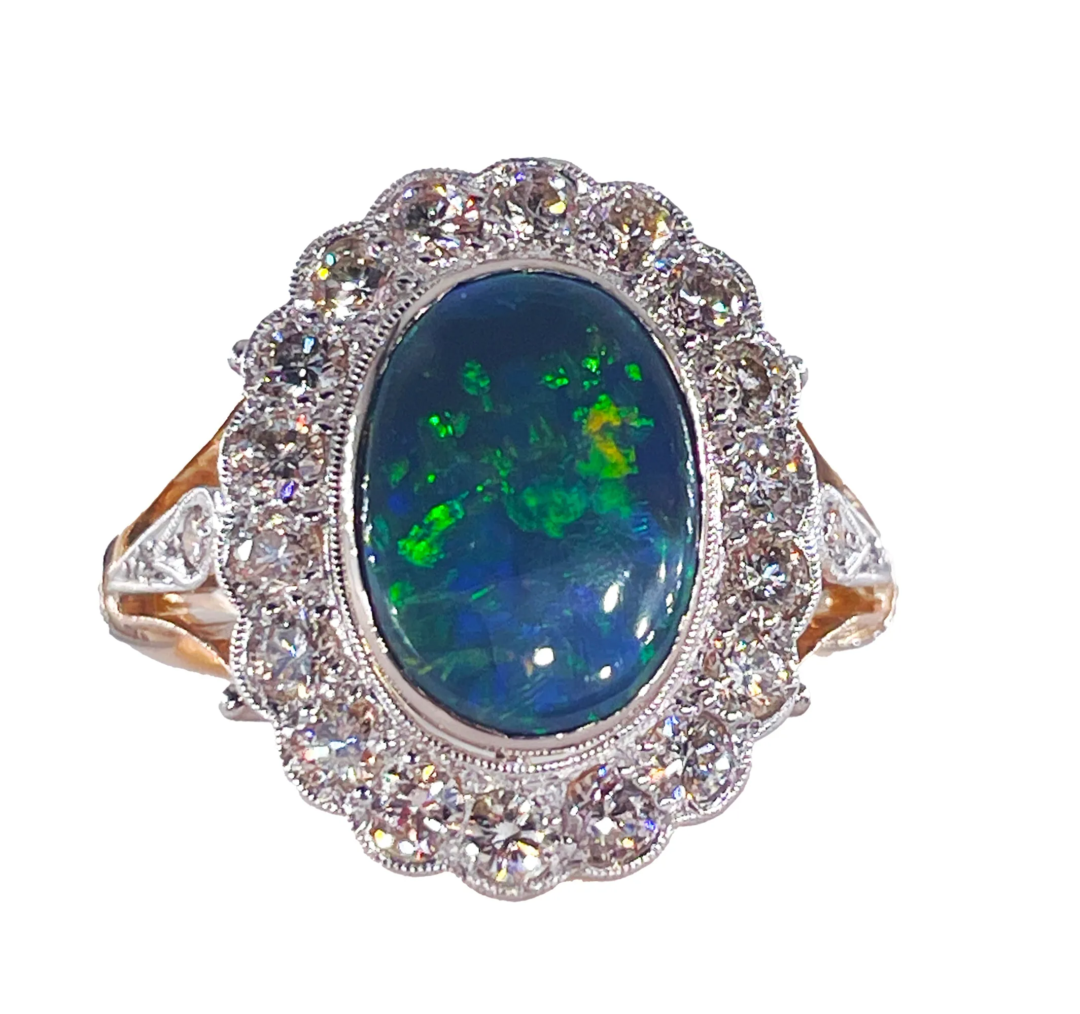 An exquisite 2.25ct Authentic Antique Art Deco Black Opal and Diamond Cluster Cocktail 18K Gold Ring