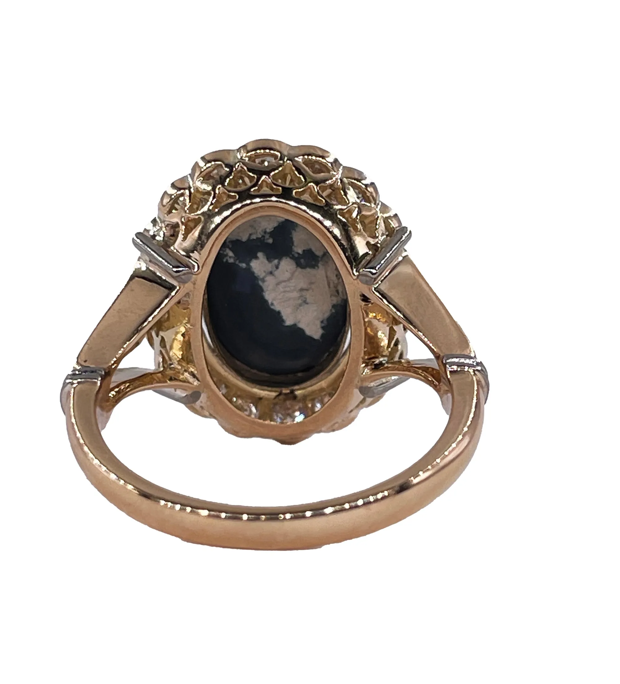 An exquisite 2.25ct Authentic Antique Art Deco Black Opal and Diamond Cluster Cocktail 18K Gold Ring