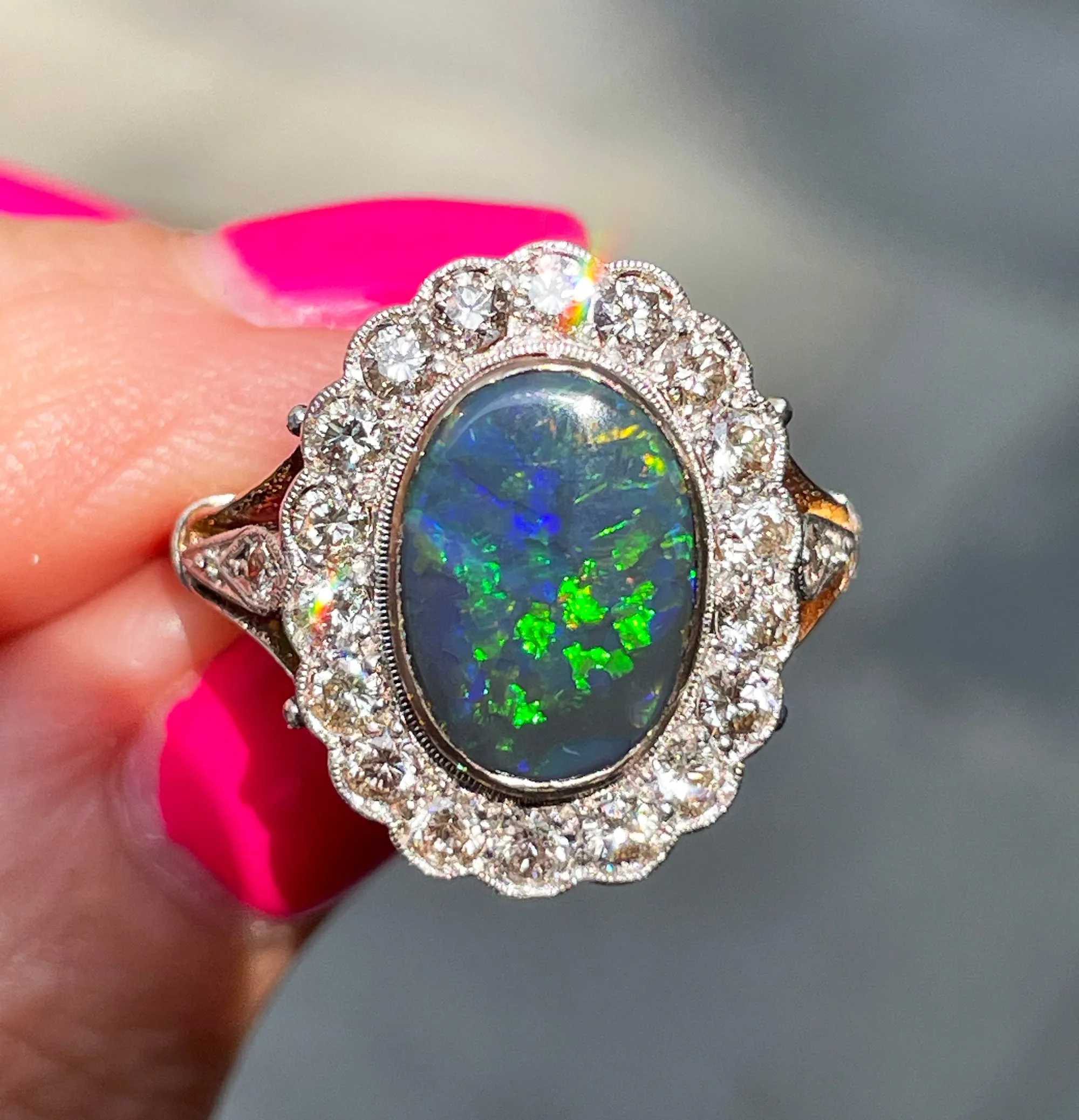 An exquisite 2.25ct Authentic Antique Art Deco Black Opal and Diamond Cluster Cocktail 18K Gold Ring