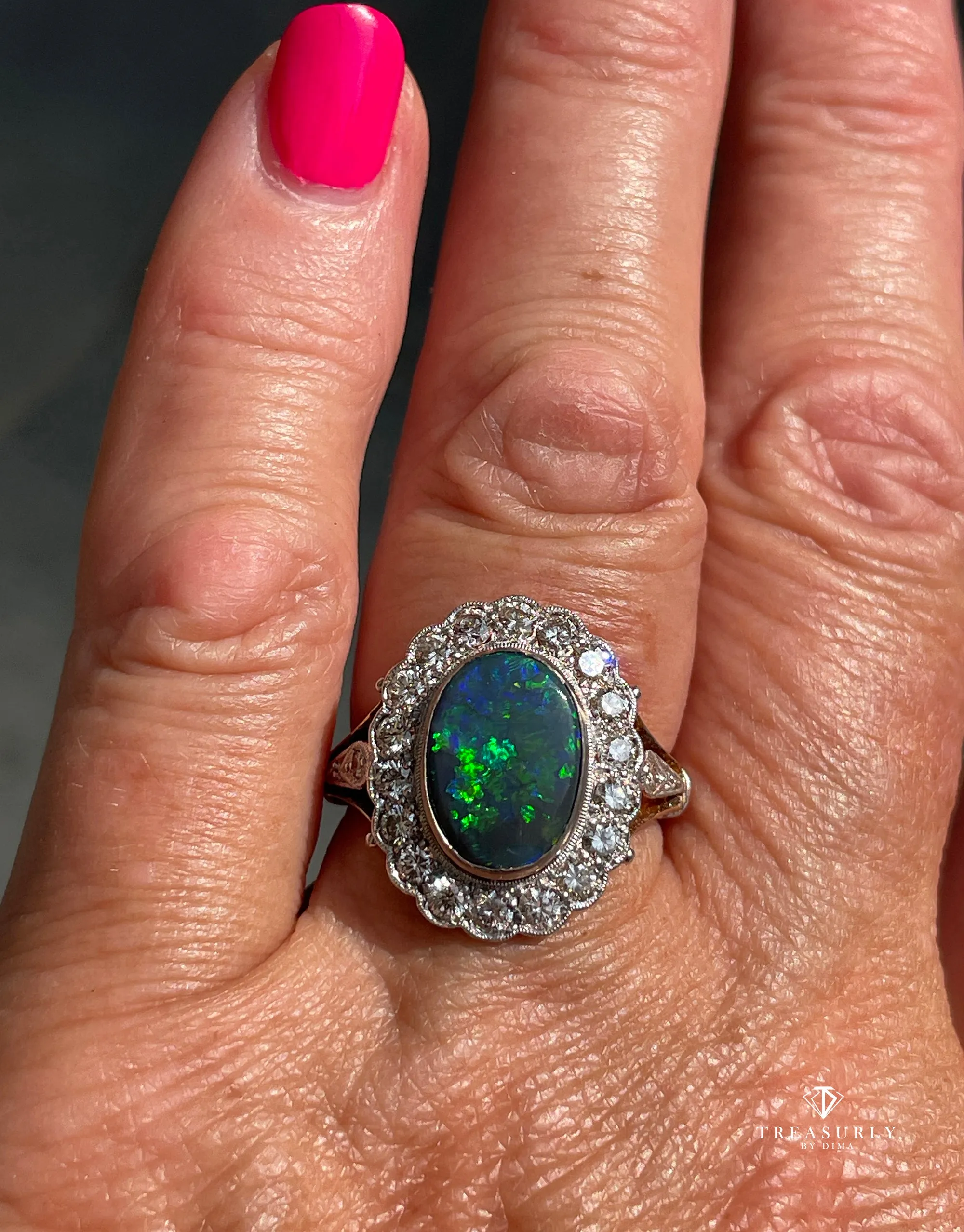 An exquisite 2.25ct Authentic Antique Art Deco Black Opal and Diamond Cluster Cocktail 18K Gold Ring