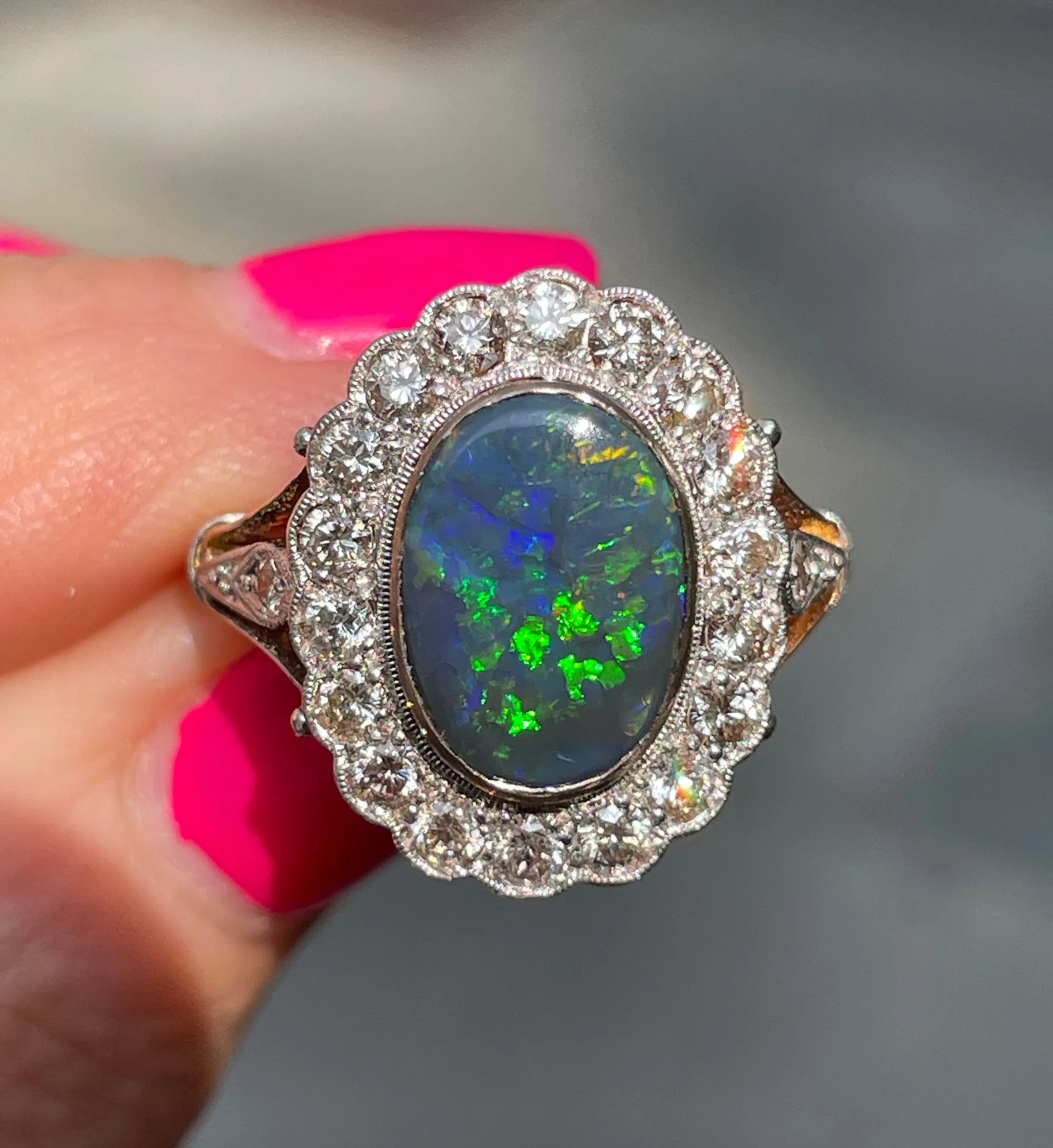 An exquisite 2.25ct Authentic Antique Art Deco Black Opal and Diamond Cluster Cocktail 18K Gold Ring