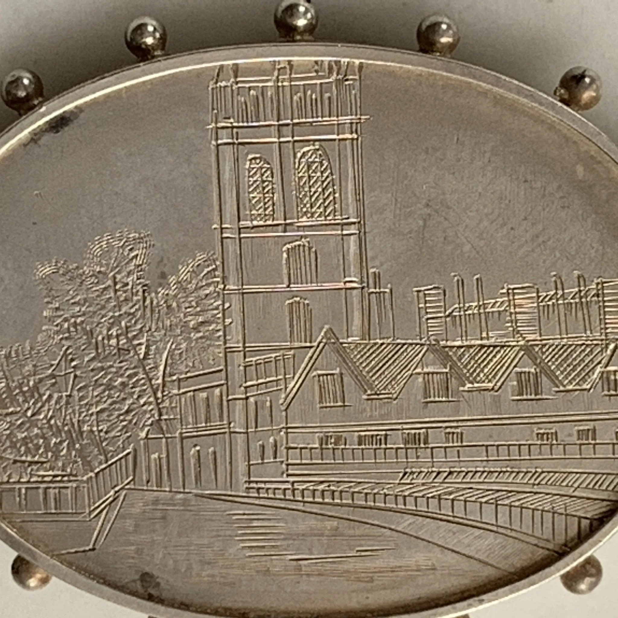 Antique Sterling Silver Brooch with Engraved River City Scene. Perfect for a Pendant. 25th Anniversary.