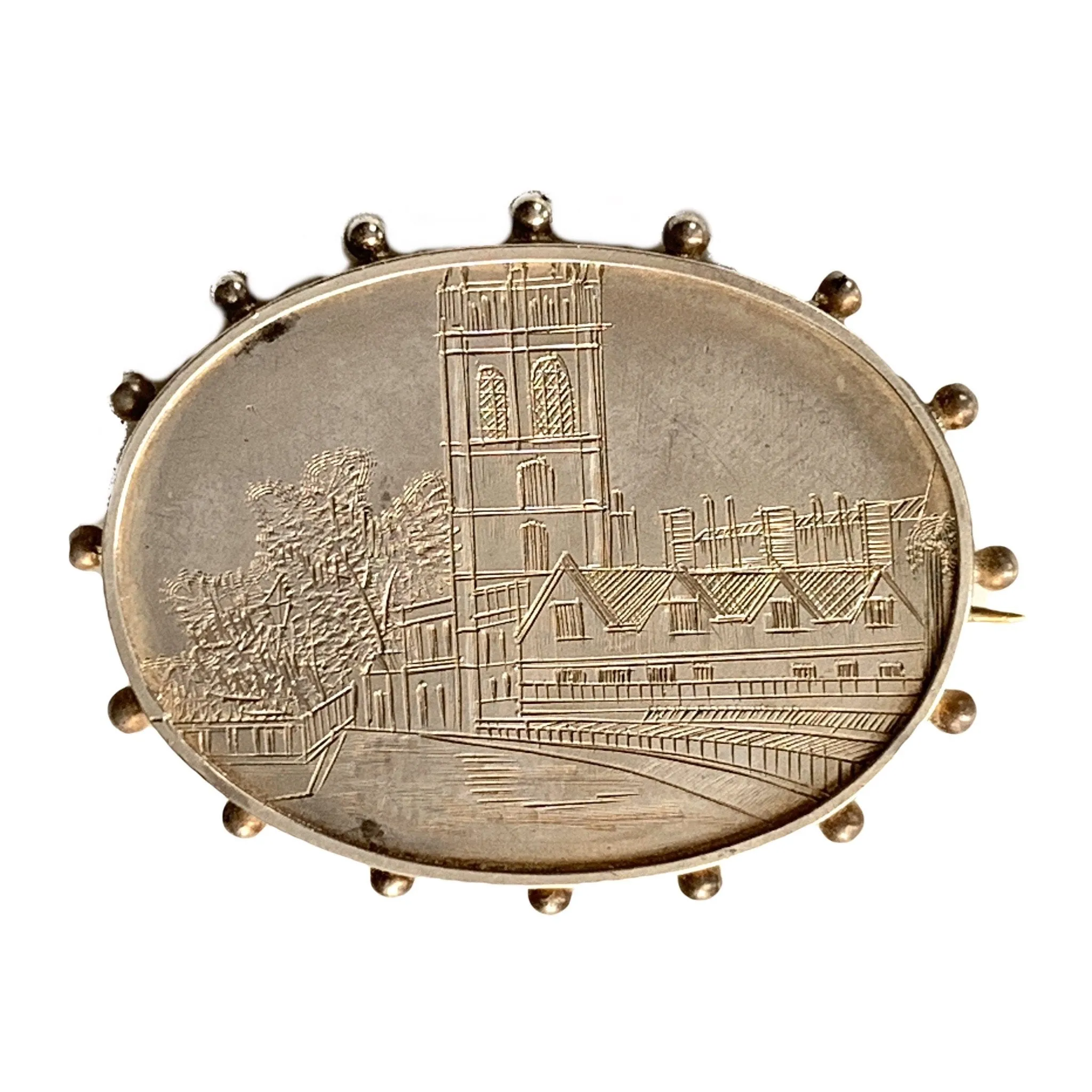 Antique Sterling Silver Brooch with Engraved River City Scene. Perfect for a Pendant. 25th Anniversary.