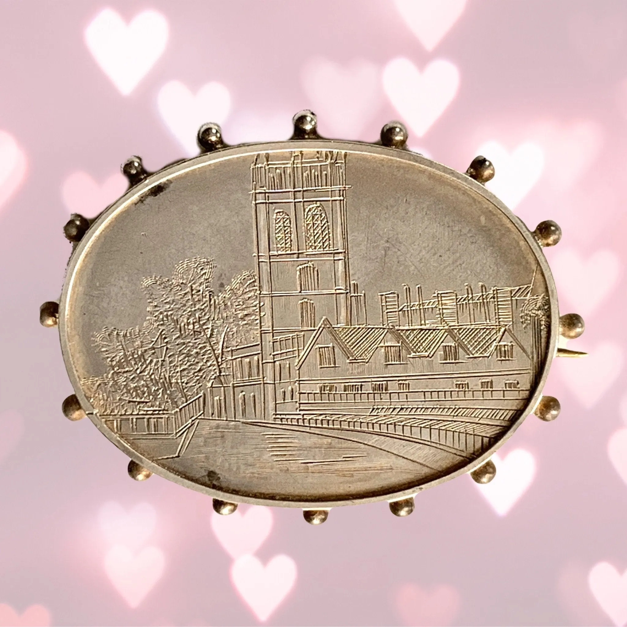 Antique Sterling Silver Brooch with Engraved River City Scene. Perfect for a Pendant. 25th Anniversary.