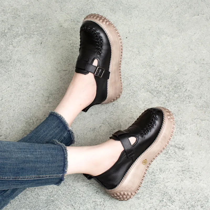 Autumn Retro Leather Buckled Platform Casual Shoes