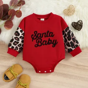 Baby Girls Solid Color Christmas Letters Stitching Leopard Print Onesie Crawl Suit