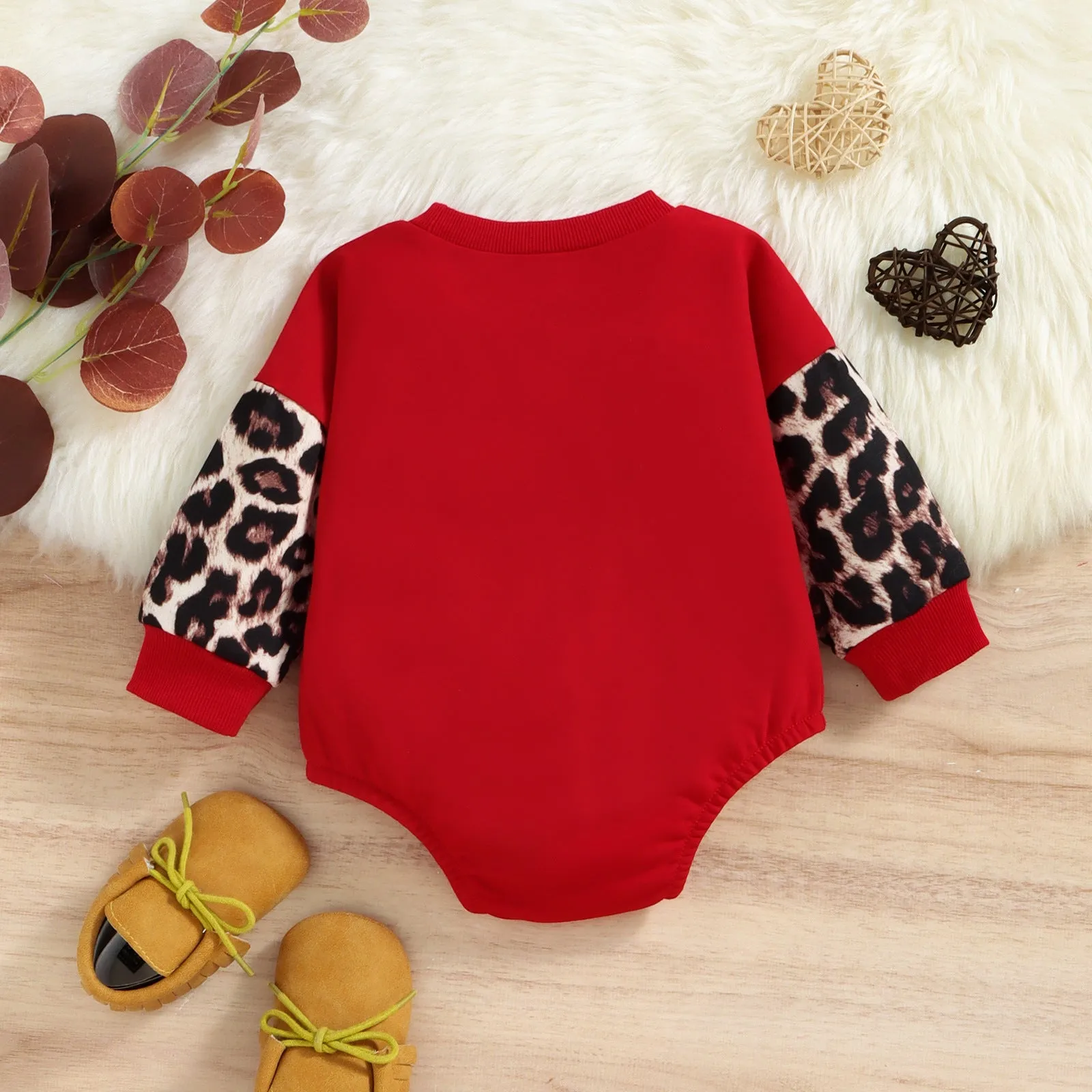 Baby Girls Solid Color Christmas Letters Stitching Leopard Print Onesie Crawl Suit