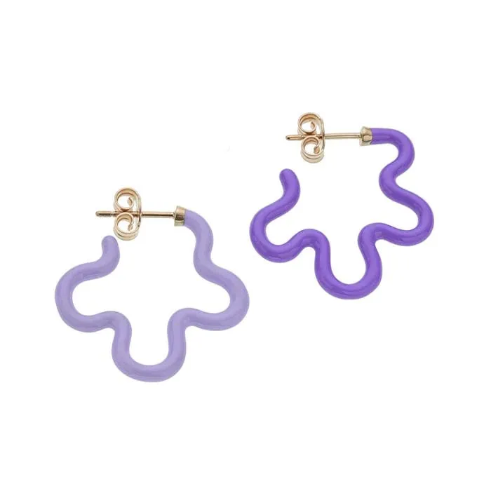 Bea Bongiasca - Two Tone Asymmetrical Flower Earrings with Lavender and Purple Enamel, Yellow Gold and Silver