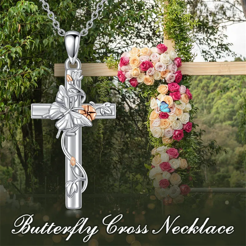 Bee/Hummingbird/Butterfly Necklace Cross Jewelry Gifts 925 Sterling Silver Cross Pendant Necklace for Her Women Girls