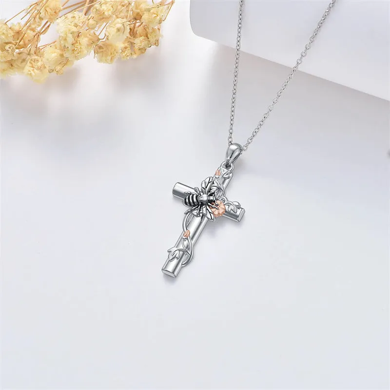 Bee/Hummingbird/Butterfly Necklace Cross Jewelry Gifts 925 Sterling Silver Cross Pendant Necklace for Her Women Girls