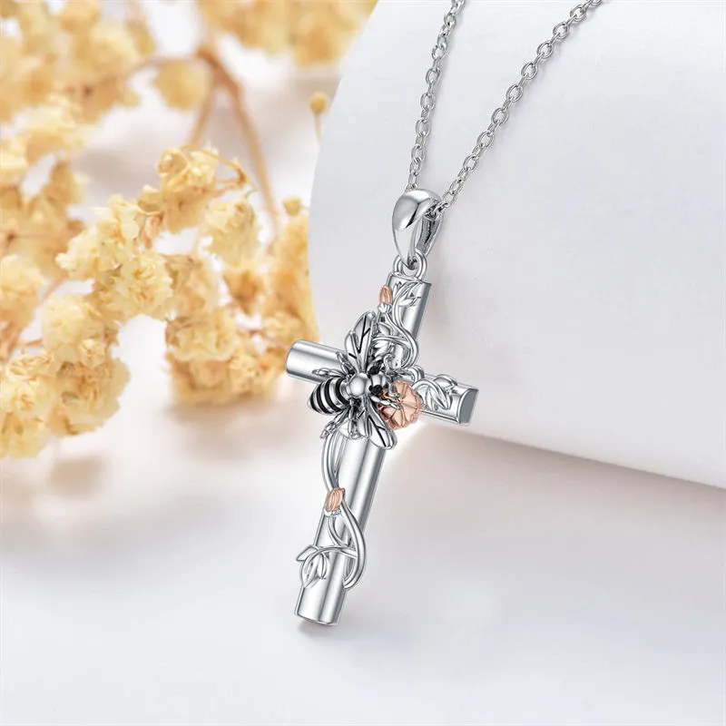 Bee/Hummingbird/Butterfly Necklace Cross Jewelry Gifts 925 Sterling Silver Cross Pendant Necklace for Her Women Girls