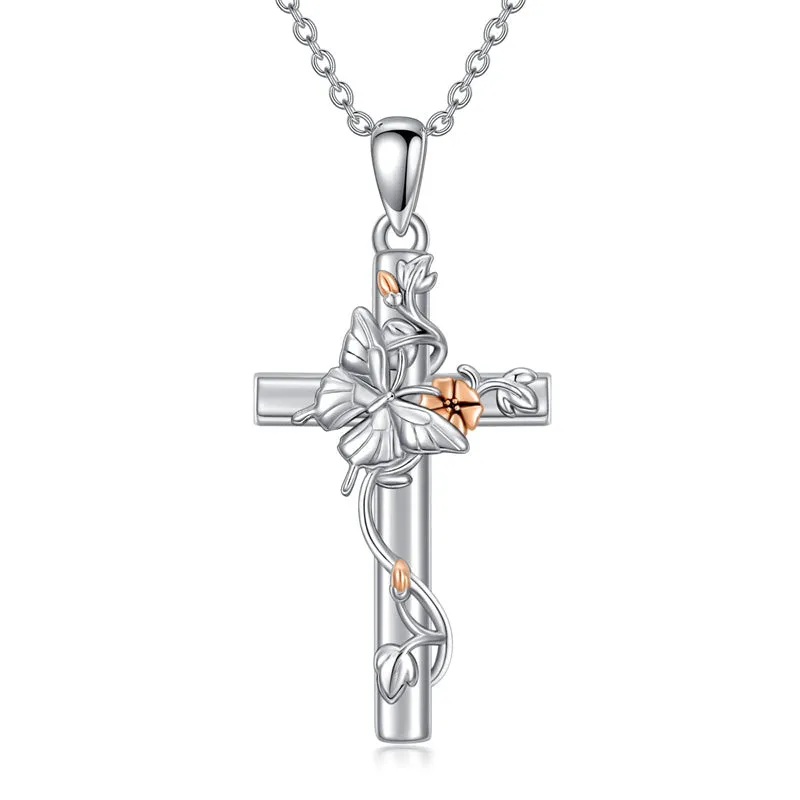 Bee/Hummingbird/Butterfly Necklace Cross Jewelry Gifts 925 Sterling Silver Cross Pendant Necklace for Her Women Girls