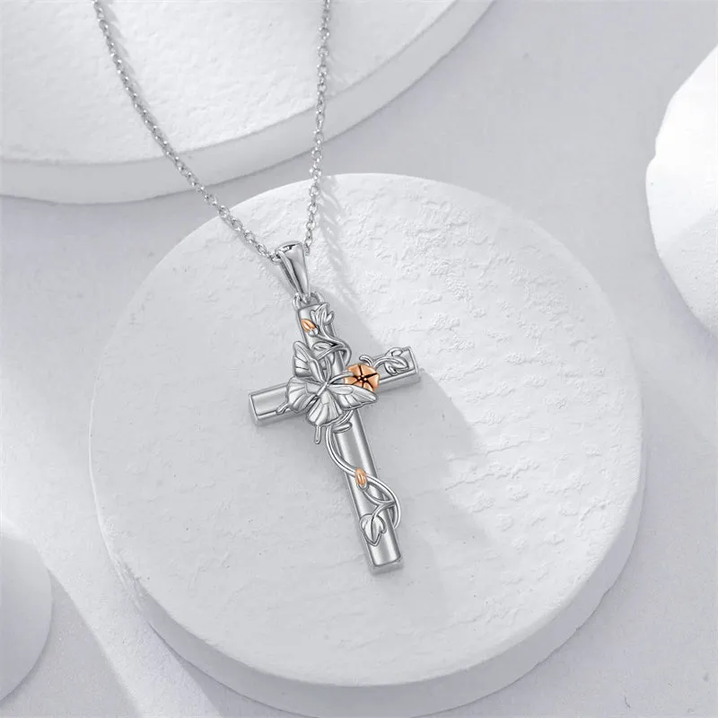 Bee/Hummingbird/Butterfly Necklace Cross Jewelry Gifts 925 Sterling Silver Cross Pendant Necklace for Her Women Girls